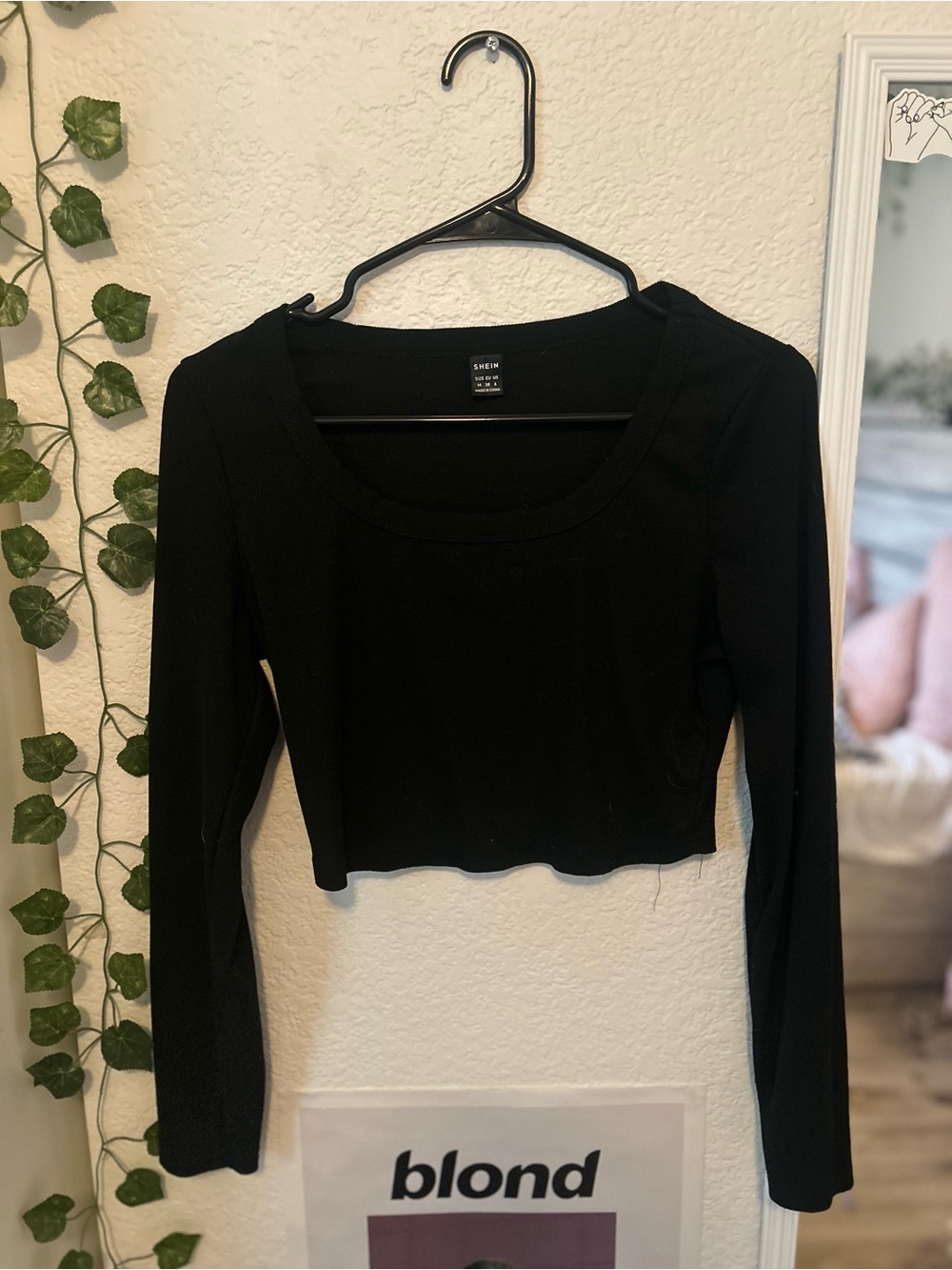 SHEIN Black Long Sleeve Scoop Crop Top